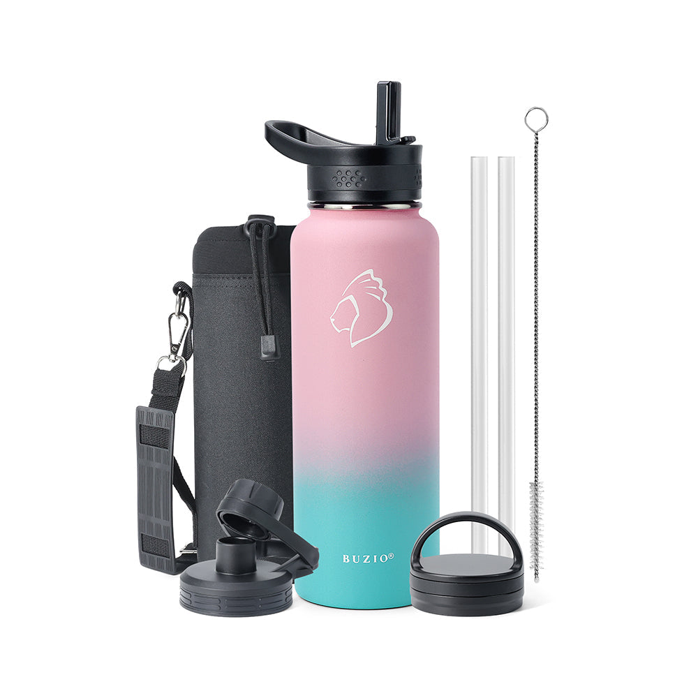 Buzio Trio Series Water Bottle with 3 Lids and Sleeve 1.2L - Bubble Gum