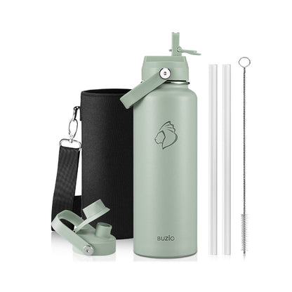 Buzio Duet Series Water Bottle with 2 Lids and Sleeve 1.2L - Green