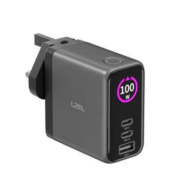 LZEL 100W GaN Travel Charger 3-Port PD Digital Display UK/EU/AU Plugs – Gray/Black