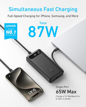 Anker Power Bank (20K, 87W, Built-In USB-C Cable) -Black