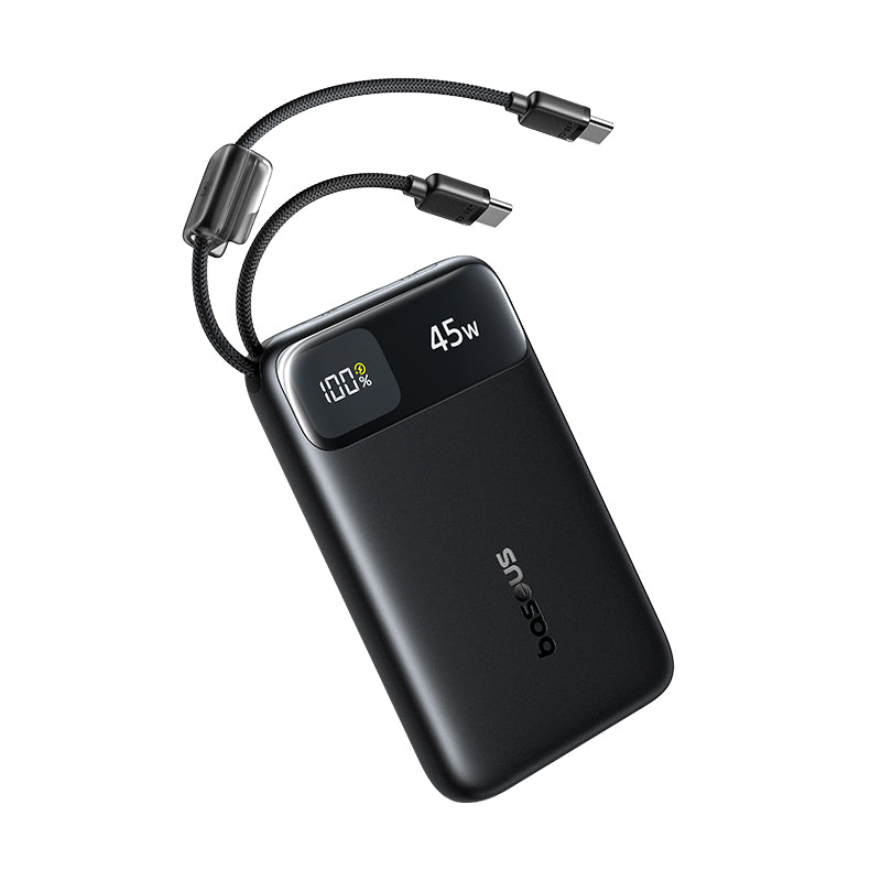 بيسوس بطارية شحن متنقلة بقوة ٤٥ واط بسعة ١٠٠٠٠ مللي آمبير بشاشة عرض رقمية وكابلين USB-C مدمجين EnerFill FC11 - أسود 
