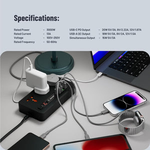 Porodo Multi-Port Power HUB 4 USB-A/USB-C Ultimate Home & Office Kit 2M - Black