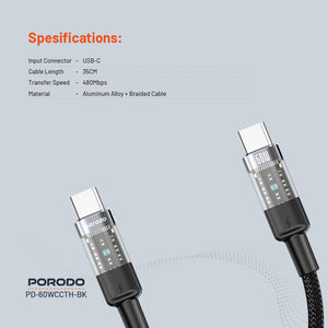Porodo Braided Cable Transparent USB-C To USB-C Fast Charge & Data 35cm/1.1ft - Blue
