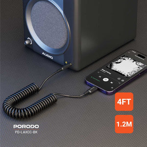 Porodo 3.5MM Lightning AUX Coiled Audio Cable Convenient Tangle-Free Design 1.2m/4ft - Black