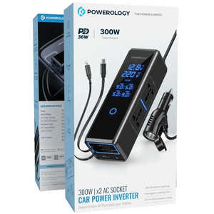 Powerology 300W x2 محول كهرباء للسيارة بمقبس تيار متردد - أسود