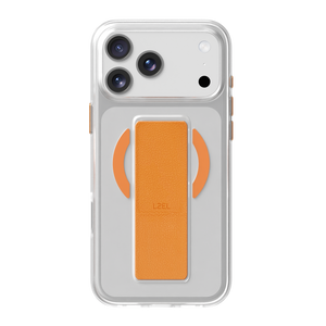 LZEL MagClear LeatherGrip Case for iPhone 17 Pro – Clear Case + Papaya Leather Grip