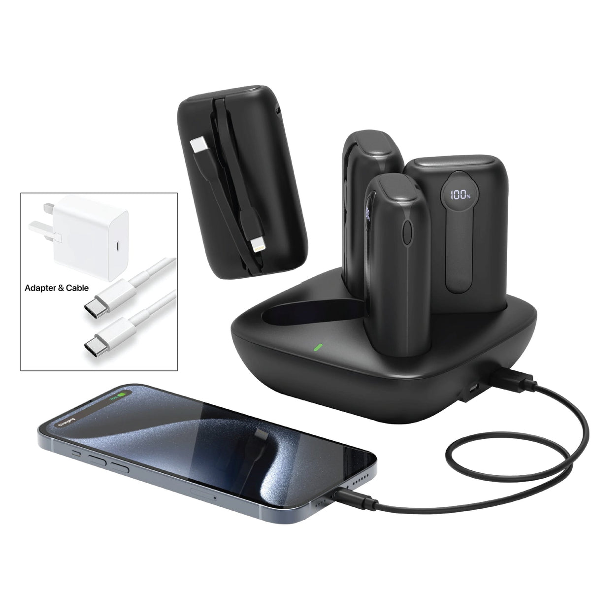 LZEL Quadra Energia X Station 10000mAh Charging Station Built In Cable Lightning And Type-C (Black)