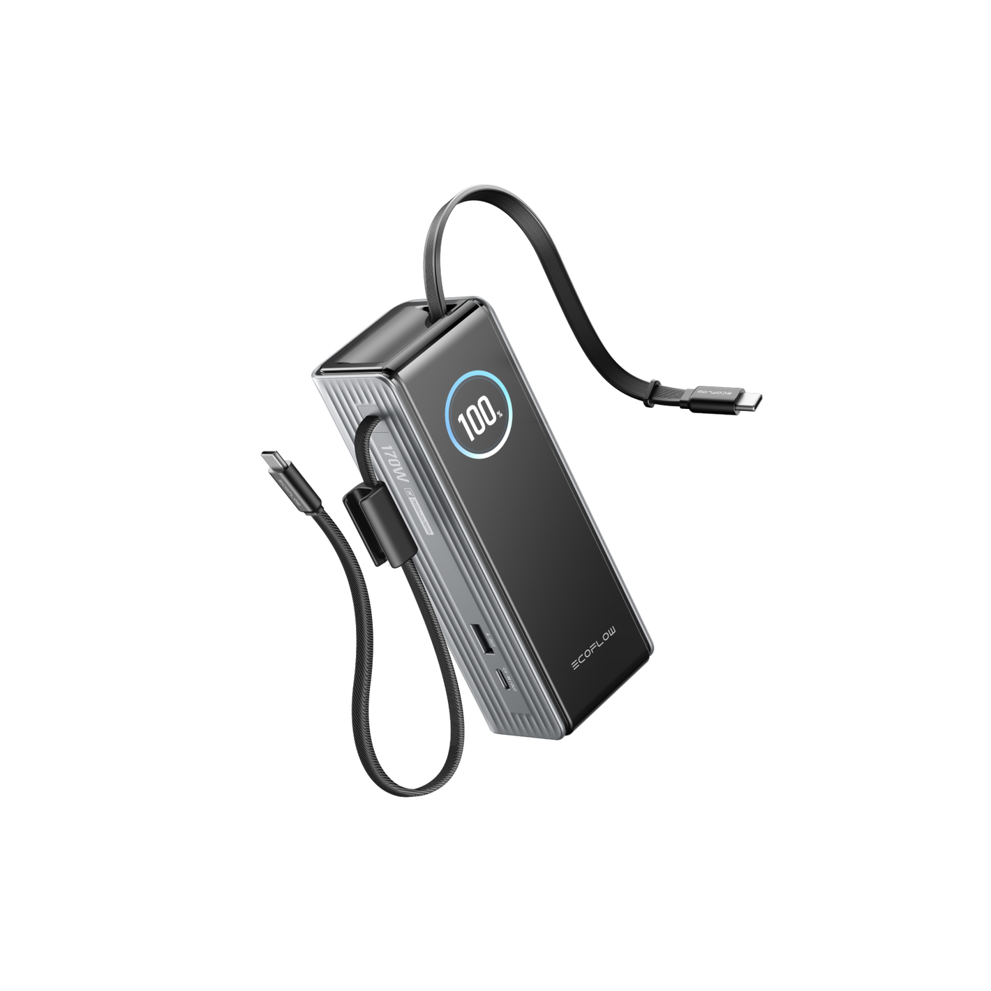 إيكو فلو رابد بطارية شحن متنقلة بسعة ٢٥٠٠٠ مللي أمبير مع كابلين قابل للسحب ١٧٠ واط – فضي