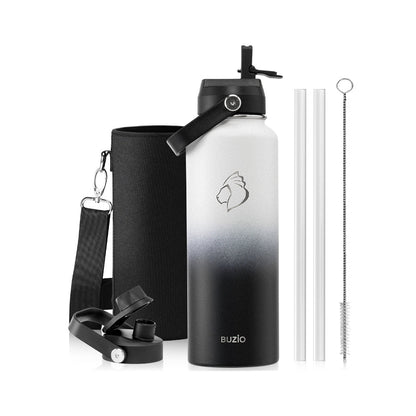 Buzio Duet Series Water Bottle with 2 Lids and Sleeve 1.2L - Black White