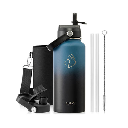 Buzio Duet Series Water Bottle with 2 Lids and Sleeve 1L - Indigo Crush