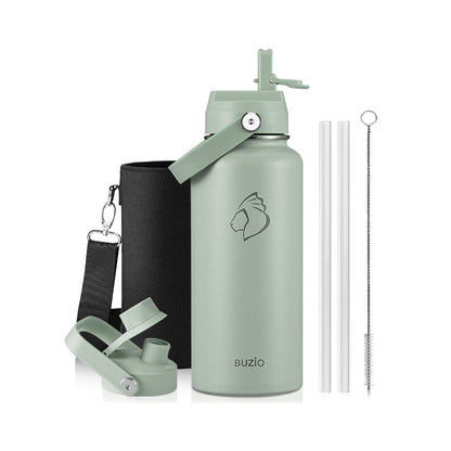 Buzio Duet Series Water Bottle with 2 Lids and Sleeve 1L - Green