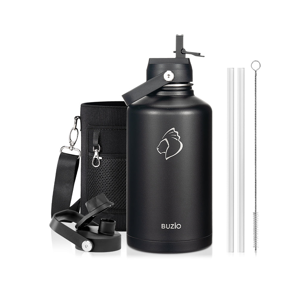 Buzio Duet Series Water Bottle with 2 Lids and Sleeve 1.9L - Black
