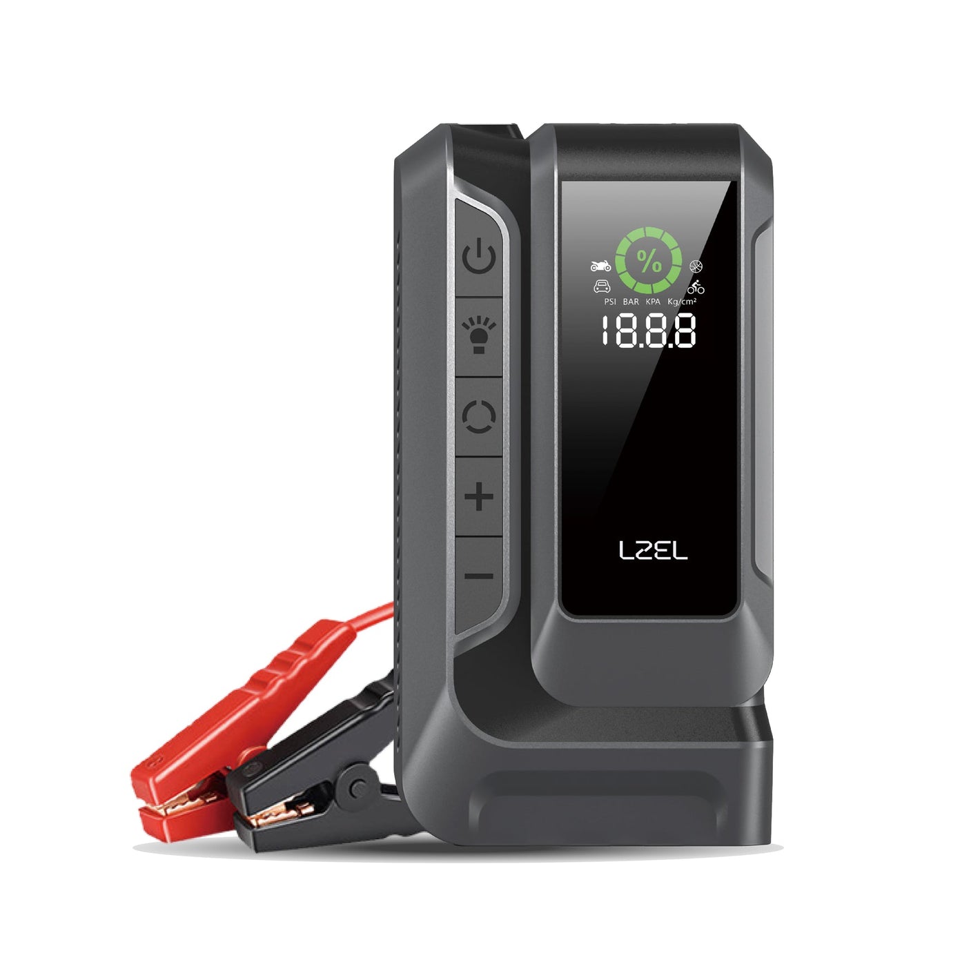 جهاز تشغيل السيارة LZEL EnergizeIgnite Air بقوة 12000 مللي أمبير و12 فولت مع مصباح LED يدوي ومنفاخ إطارات - رمادي/أسود