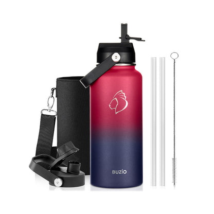 Buzio Duet Series Water Bottle with 2 Lids and Sleeve 1L - Ruby Red Navy