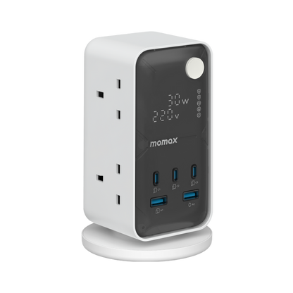 Momax 1-Charge Work Flow 6-Outlet Digital Display Power Tower مع USB (أبيض)
