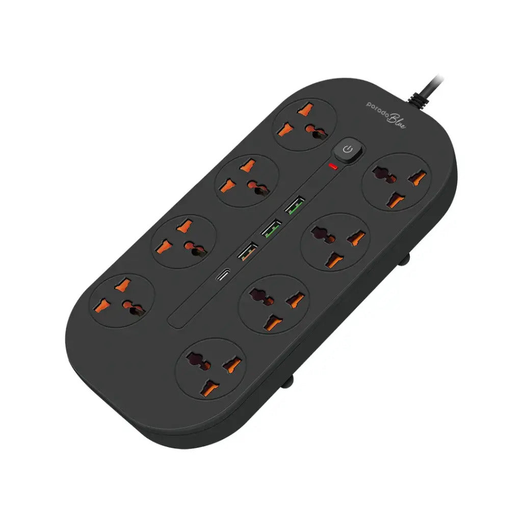 Porodo Blue 8 AC Power Socket With X1 USB-C X3 USB-A Port UK (3m wire) - Black