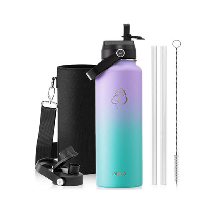 Buzio Duet Series Water Bottle with 2 Lids and Sleeve 1.2L - Purple Green