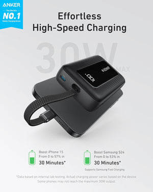 Anker Zolo Power Bank (10K, 30W, Built-In USB-C Cable) -Black