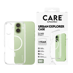 حافظة CARE by PanzerGlass Flagship Case شفافة Urban Explorer مع حلقة MagSafe بيضاء لهاتف iPhone 17