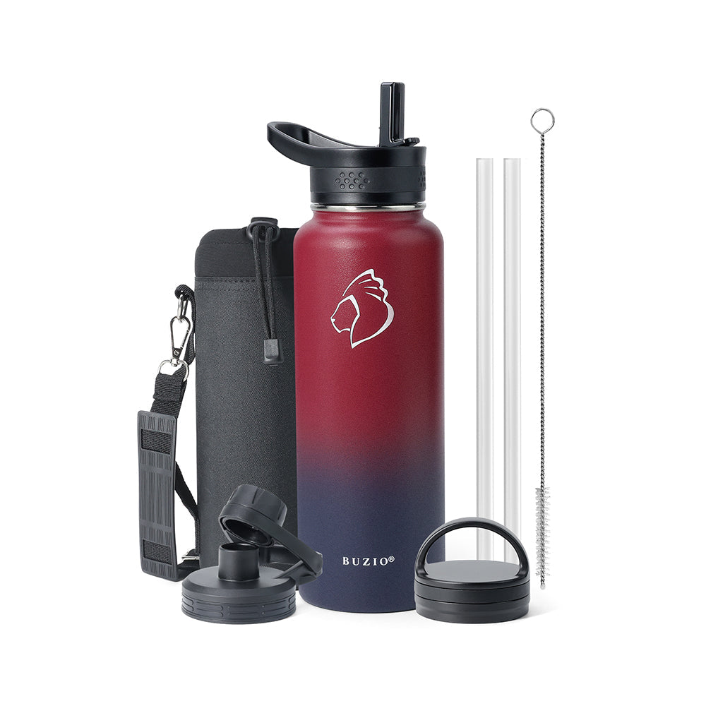 Buzio Trio Series Water Bottle with 3 Lids and Sleeve 1.2L - Ruby Red Navy