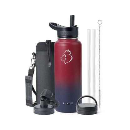 Buzio Trio Series Water Bottle with 3 Lids and Sleeve 1.2L - Ruby Red Navy