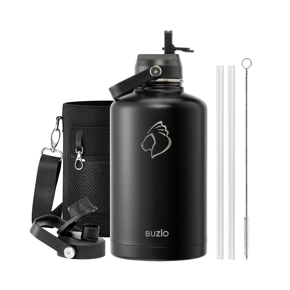 Buzio Duet Series Water Bottle with 2 Lids and Sleeve 2.5L - Black