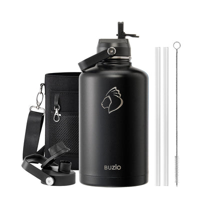 Buzio Duet Series Water Bottle with 2 Lids and Sleeve 2.5L - Black