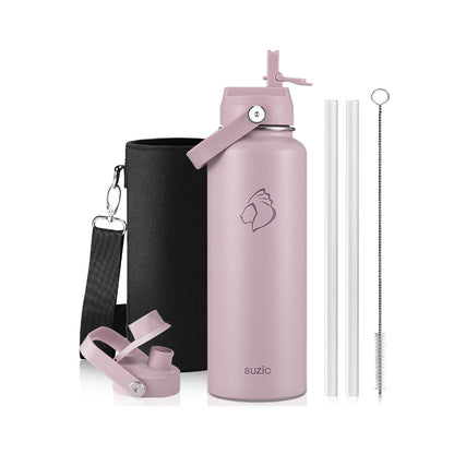 Buzio Duet Series Water Bottle with 2 Lids and Sleeve 1.2L - Purple