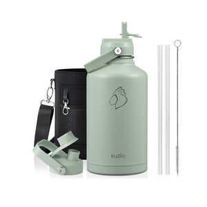 Buzio Duet Series Water Bottle with 2 Lids and Sleeve 1.9L - Green