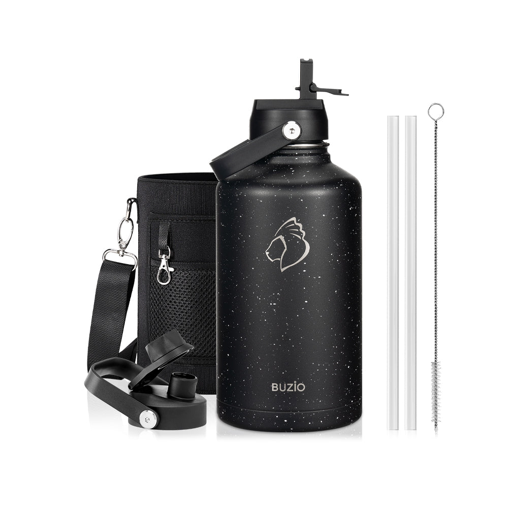 Buzio Duet Series Water Bottle with 2 Lids and Sleeve 1.9L - Starry Black