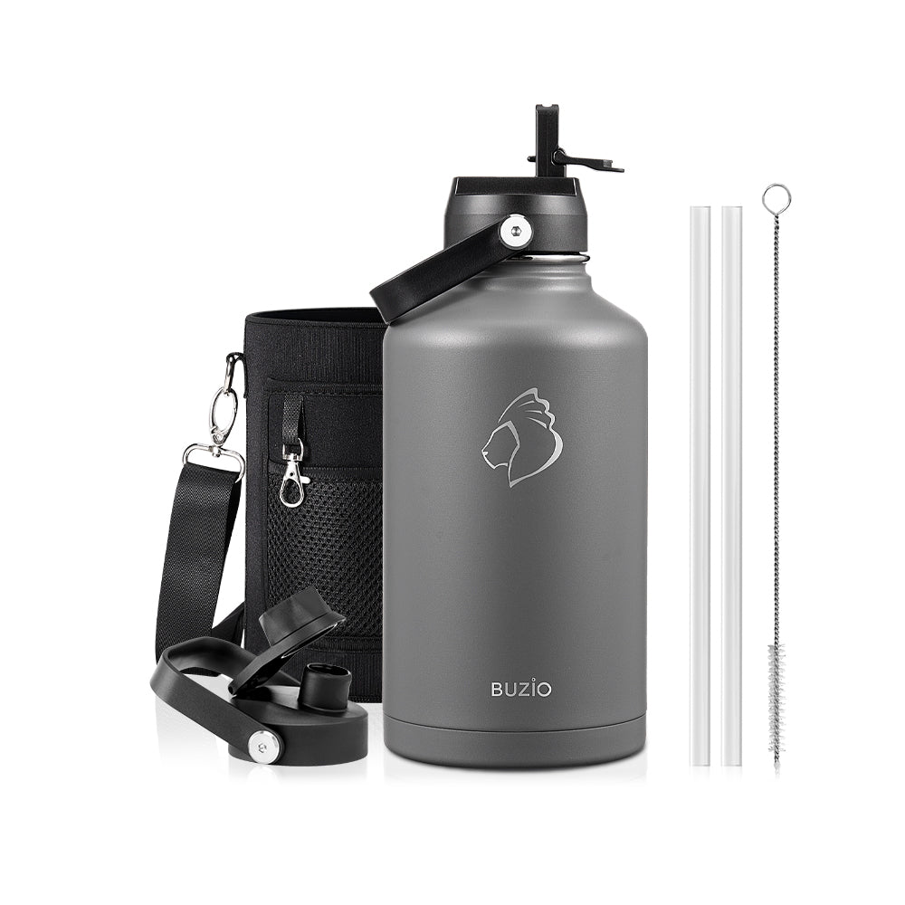 Buzio Duet Series Water Bottle with 2 Lids and Sleeve 1.9L - Grey