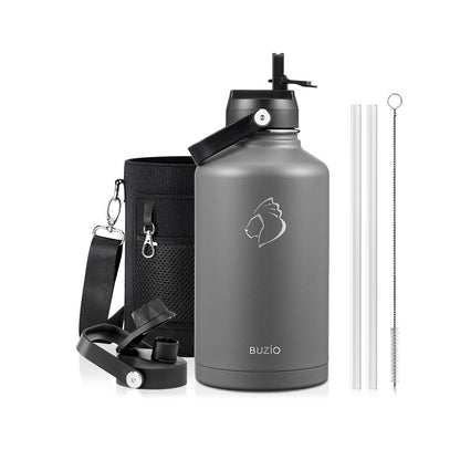 Buzio Duet Series Water Bottle with 2 Lids and Sleeve 1.9L - Grey