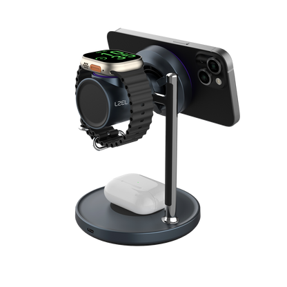 شاحن لاسلكي مغناطيسي مكتبي 3 في 1 من سلسلة LZEL FlexDock - أسود