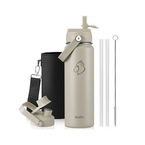 Buzio Duet Series Water Bottle with 2 Lids and Sleeve 700ML - Beige