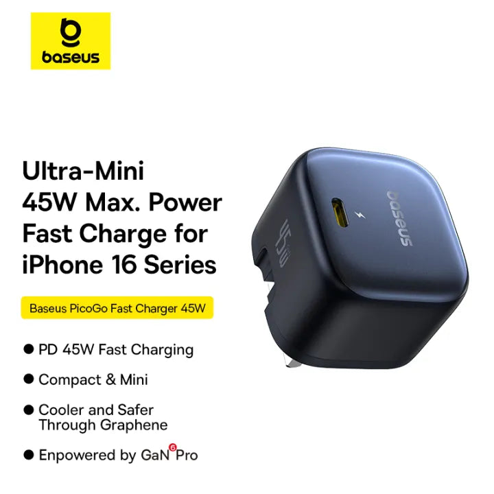 بيسوس شاحن PicoGo AE11 GaN سريع 45W – أسود (UK)