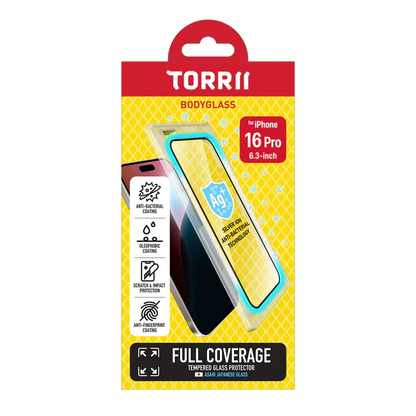 Torrii Bodyglass Screen Protector Tempered Glass For iPhone 16 Pro (6.3”) Anti-Bacterial Coating - Full Coverage