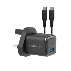 Powerology Dual Port Super Compact Quick Charger With USB-C To USB-C Cable 1.2m/4ft - Black