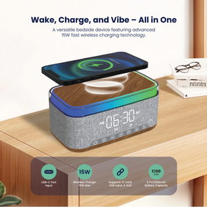 LZEL SonicGlow Wake Multifunctional Speaker with Alarm Clock & Wireless Charger – Bamboo Pattern/Gray