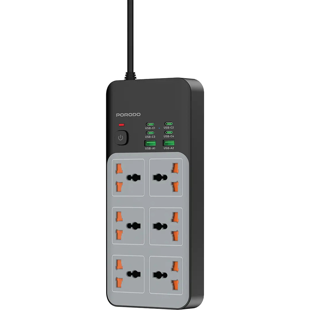Porodo 3000W | 6AC Universal Power Strip with 6 USB Ports (4C + 2A) -Gray