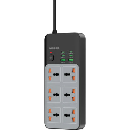 Porodo 3000W | 6AC Universal Power Strip with 6 USB Ports (4C + 2A) -Gray