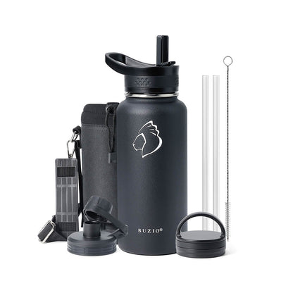 Buzio Trio Series Water Bottle with 3 Lids and Sleeve 1L - Black